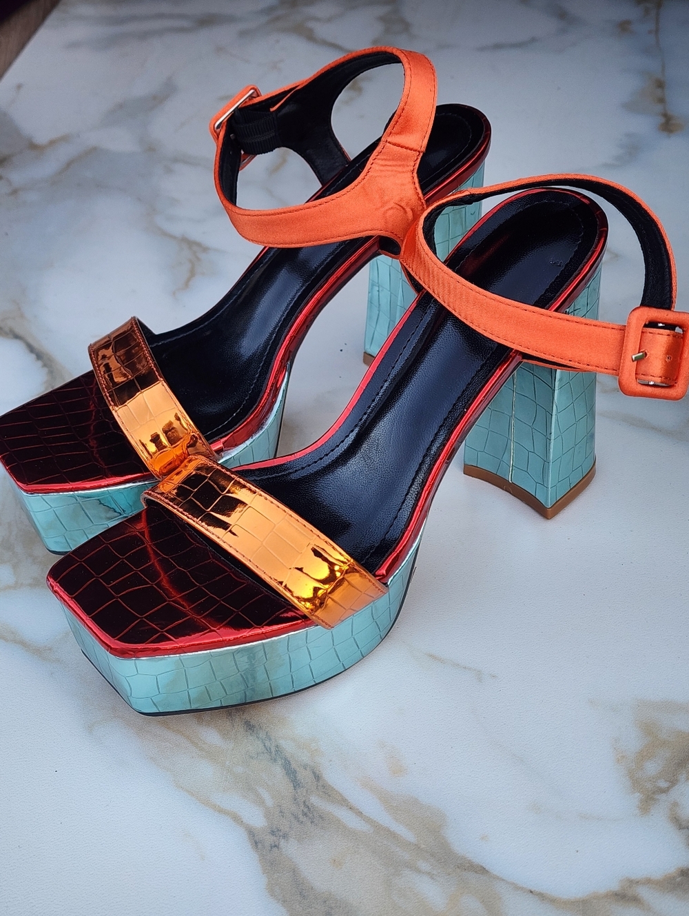 Women's 9 Orange Metallic & Aqua Crocodile Embossed Block Heel Sandals.
